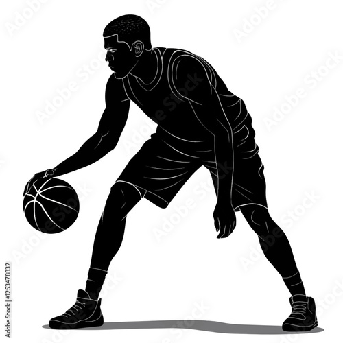 Silhouette of a basketball player dribbling the ball intensely during a game