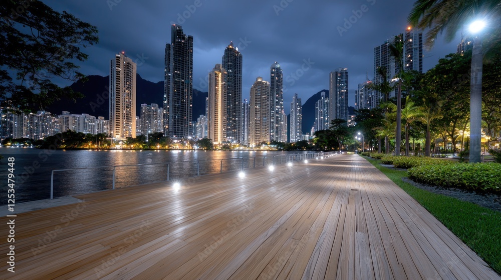 Obraz premium City park boardwalk at night. Use Stock photo