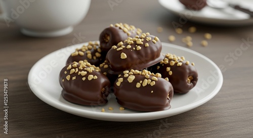 Delicious Chocolate Covered Dates with Nuts on a White Plate