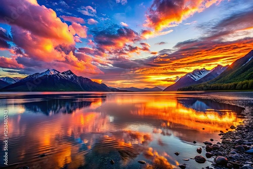 Alaska's Turnagain Arm: Midnight sun paints dramatic coastal landscapes in golden hour's low light, hinting at aurora. photo