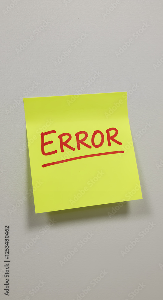 Error Note: Bright Yellow Sticky Note with Red 'ERROR' Text on Wall ? Mistakes, Warnings, Problems, and Alerts Concept Image