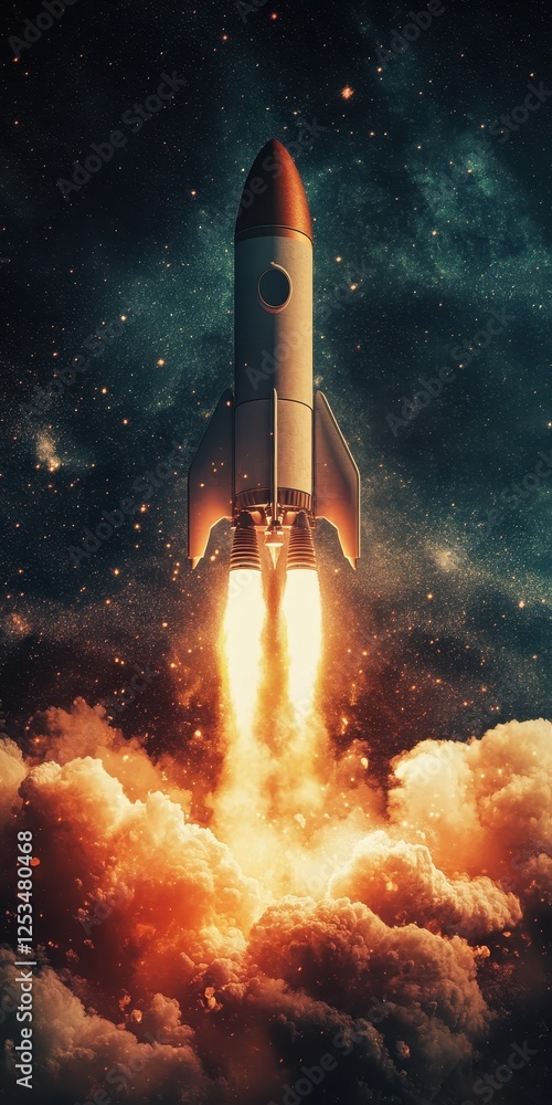 Fototapeta premium Rocket soaring into the starry night sky with a trail of fire and clouds.