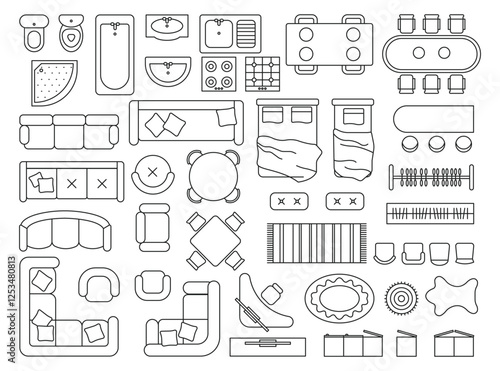 Furniture outline top view. Floor plan icons set for design interior and architectural project. Furniture thin line icon in top view for layout.