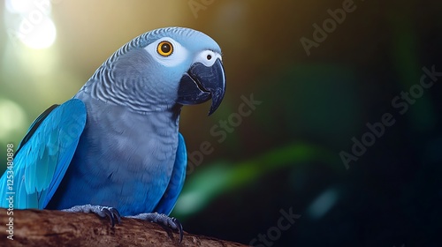 A vibrant blue parrot perched on a branch, surrounded by lush greenery and soft sunlight