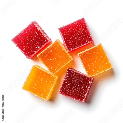 Fruit jelly pieces up view white background.