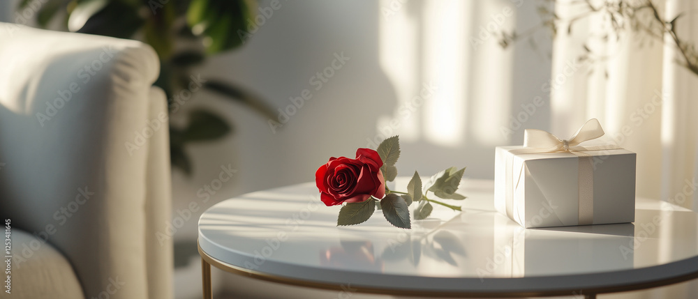 Soft lighting on a white table with a red rose bouquet and gift-3 Soft lighting on a white table with a red rose bouquet and gift-3