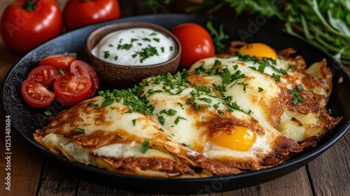 A visually appealing plate of eggs, topped with cheese and herbs, complemented by fresh tomatoes and a creamy dip, reflecting nourishing home-cooked goodness. photo