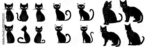 A group of black cat silhouettes isolated on a white backdrop