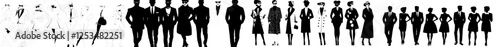 Elegant silhouettes of people in 1960s attire dancing in a 60s style, isolated on a white background