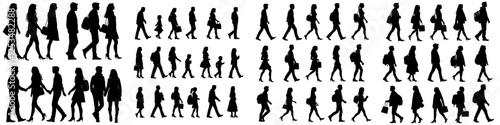 A modern graphic featuring black silhouettes of walking people on a white background