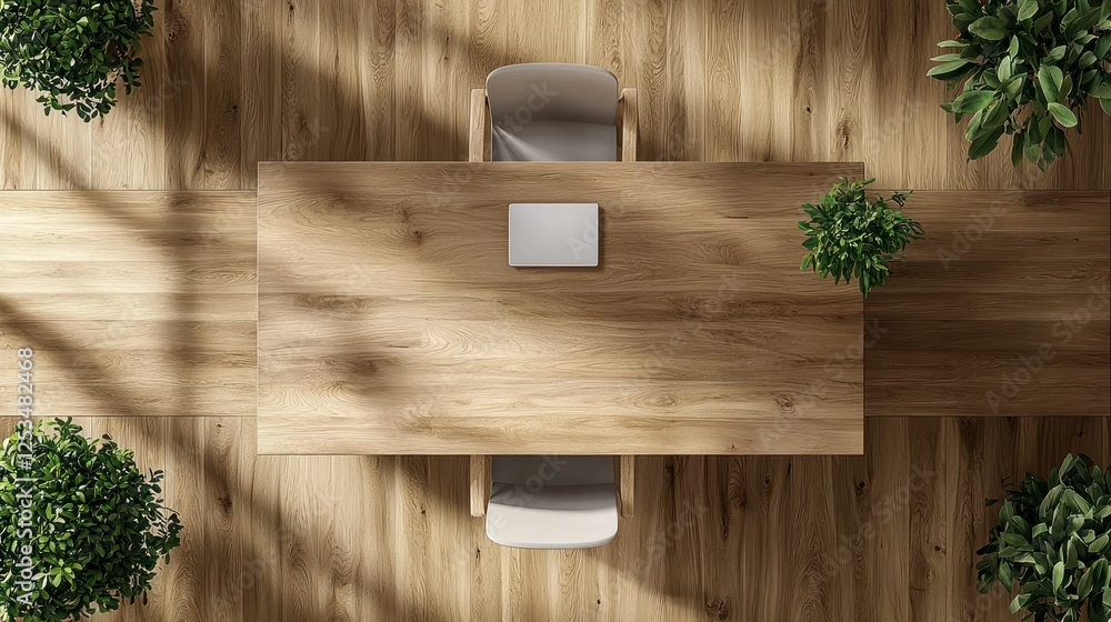 Top view wooden meeting table, chairs, plants, sunlight. Office interior design Top view wooden meeting table, chairs, plants, sunlight. Office interior design