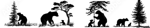 Two black bear cubs climb a tree in a modern illustrator silhouette