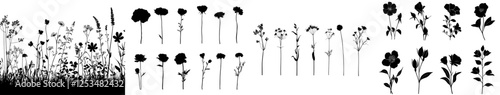 A collection showcasing modern silhouettes of wildflowers and grass, including daisy, chrysanthemum, chamomile, rose, lily, and carnation, rendered in black and presented against a white background