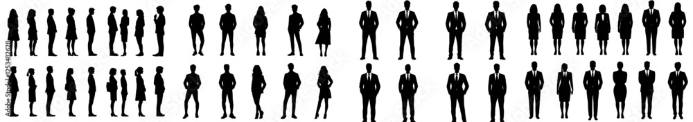 Group silhouettes of business people posing on a white background, depicted in a modern, flat-line illustration style Group silhouettes of business people posing on a white background, depicted in a modern, flat-line illustration style