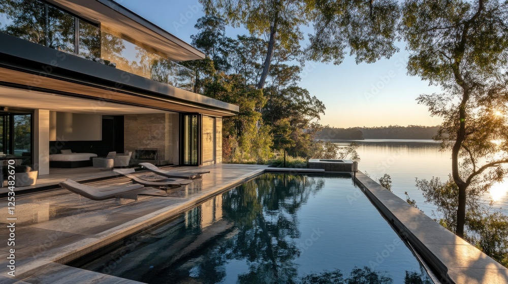 Fototapeta premium Luxury Lakeside Residence: Modern Architecture Meets Tranquil Waters