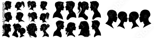 Couple silhouettes in profile. Modern avatar portraits of an anonymous man and woman with black outlined faces facing each other
