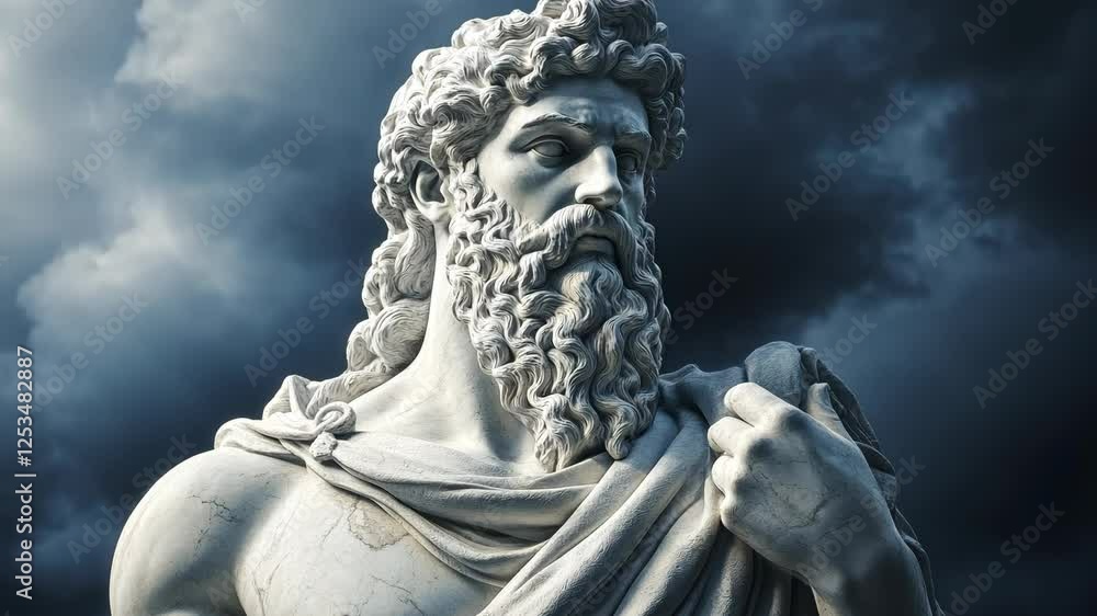 Majestic statue of ancient deity in dramatic cloudy atmosphere Majestic statue of ancient deity in dramatic cloudy atmosphere