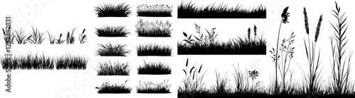 A realistic black and white modern bundle of silhouettes featuring the ground with grass, flowers, spikelets, and trees. Perfect hand-drawn isolated illustrations for work, design, banners, and