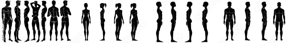 A set featuring silhouettes of a man's body in various poses, isolated on a white background A set featuring silhouettes of a man's body in various poses, isolated on a white background