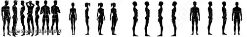 A set featuring silhouettes of a man's body in various poses, isolated on a white background