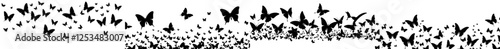 A horizontal banner featuring seamless flying black silhouettes of butterflies in a modern illustration style
