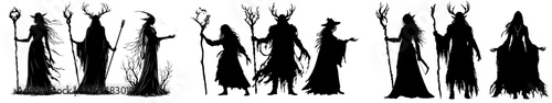 In the dim light, three eerie shamans from disparate backgrounds emerge, their eyes eerily illuminated, dressed in ethnic garments featuring masks and horns. 2D artwork