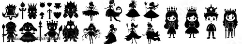 A modern big black and white set of fairy tale characters and objects silhouettes. This collection includes a fantasy princess, king, queen, knight, unicorn, dragon, and shadows of a medieval fairy