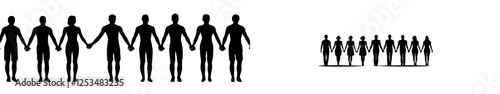 Black silhouettes of individuals, both male and female, are depicted holding hands