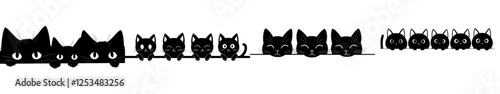 A group of black cats peering out the window
