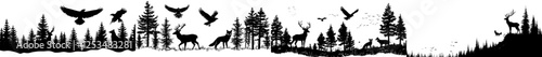 A collection of silhouettes featuring trees and woodland creatures including deer, fawn, doe, fox, wolf, owl, bird of prey, and a squirrel. It's a black and white hand-drawn artwork