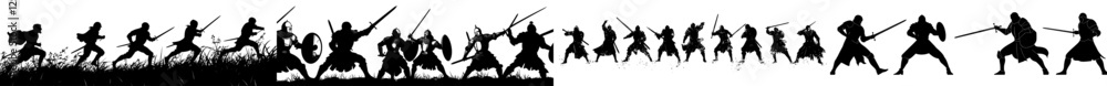 Obraz premium Dozen ninjas in epic poses sit on the roof, weapons in hand, dressed in suits with swords and long armbands swaying in the wind. 2D art