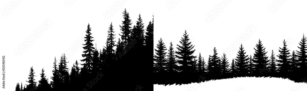 Obraz premium Fir trees silhouettes set. Coniferous spruce horizontal background patterns, black evergreen woods modern illustration. Beautiful hand drawn panorama with treetops forest. Black pine woods