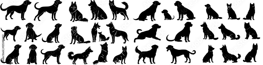 Fototapeta premium Modern collection of dog silhouettes set, featuring modern illustrations of dog shapes with shadows isolated on a white background