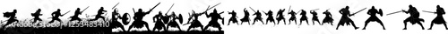 Dozen ninjas in epic poses sit on the roof, weapons in hand, dressed in suits with swords and long armbands swaying in the wind. 2D art