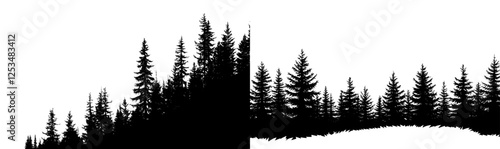 Fir trees silhouettes set. Coniferous spruce horizontal background patterns, black evergreen woods modern illustration. Beautiful hand drawn panorama with treetops forest. Black pine woods