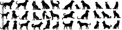 Modern collection of dog silhouettes set, featuring modern illustrations of dog shapes with shadows isolated on a white background