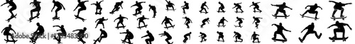 A set of modern silhouettes of skateboarders, depicted in black and isolated against a white background