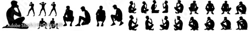 A modern set featuring silhouettes of men in various squatting positions, with multiple slides showcasing different styles