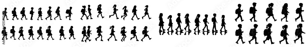 Obraz premium Silhouettes of schoolboys and schoolgirls, design featuring kids heading to schoolKids walking to school silhouette, school boys and girls in silhouette viewDesign of children walking to school,
