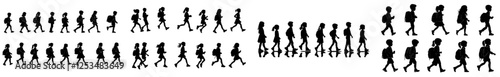Silhouettes of schoolboys and schoolgirls, design featuring kids heading to schoolKids walking to school silhouette, school boys and girls in silhouette viewDesign of children walking to school,
