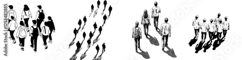 People depicted in axonometric style, rendered in black and white with sketch outlines, set against a transparent background, appearing as silhouettes
