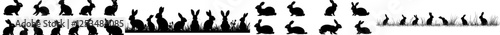 A collection of black modern rabbit silhouettes showcasing various poses, including Easter rabbits viewed from different angles and postures such as side, back, close-up, sitting, standing, and