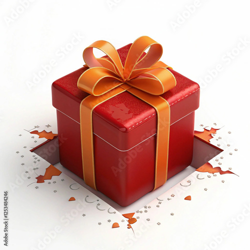 A 3D-rendered red gift box with an orange ribbon