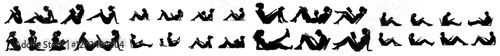 A set of modern illustrations featuring silhouette figures of people reading books while standing, sitting, and lying