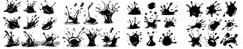 Liquid splash silhouettes featuring water drops, flows, and waves, presented as a flat modern illustration set with black aqua tones