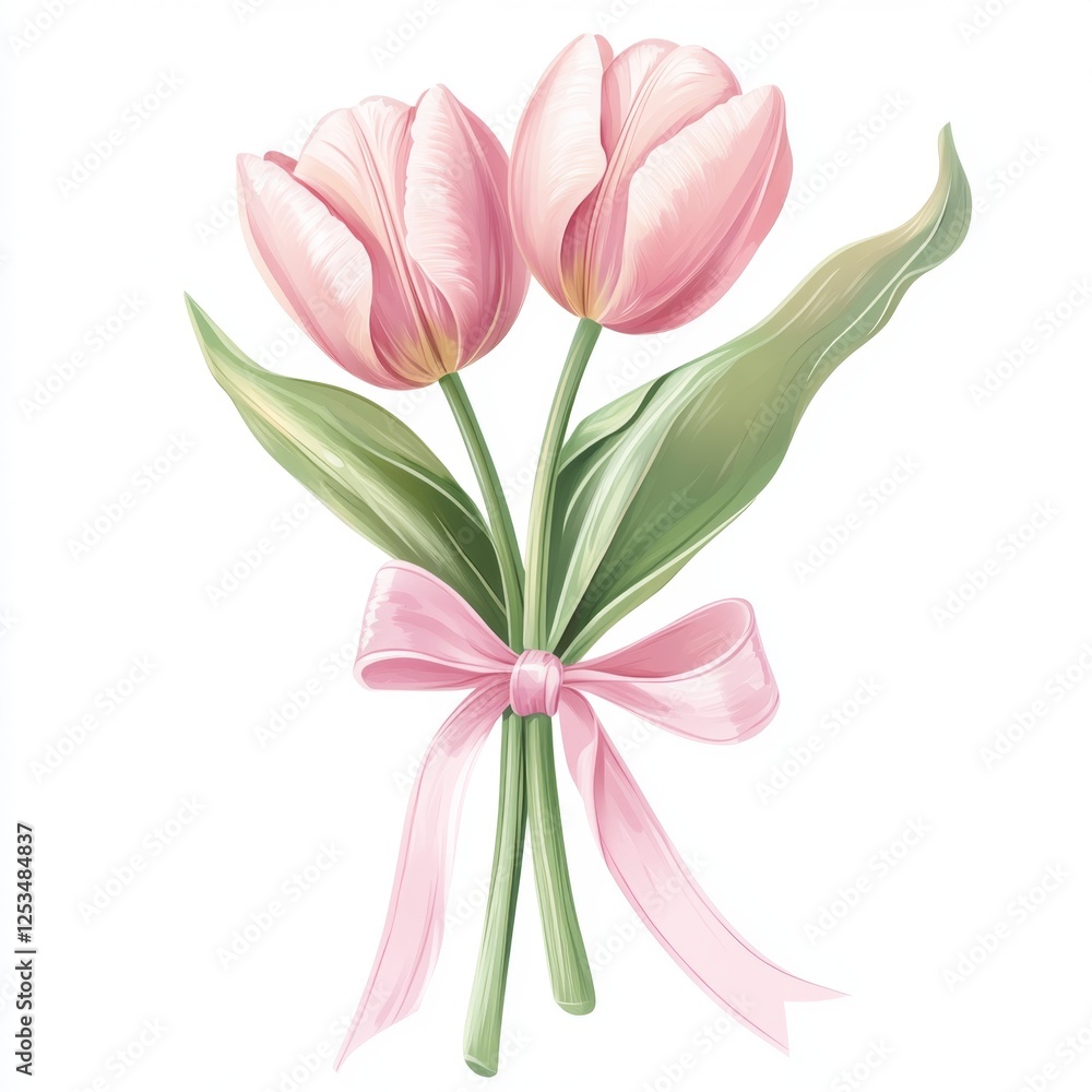 Fototapeta premium Delicate pink tulips tied with ribbon, floral design