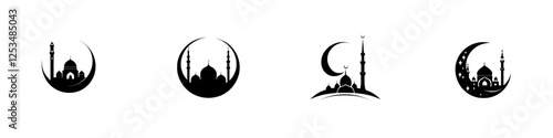 A modern illustration depicting a black silhouette of an Islamic mosque adorned with a crescent moon and lanterns, featuring the Eid Mubarak logo