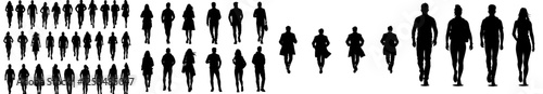 Black silhouettes of sport runners in side and front view. A man and a woman wearing different sport clothing running together. Outdoor park exercise utilizing an outdoor gym, focusing on health and