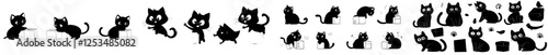 Black cats play with cardboard boxes, plastic, and shopping bags. The cat is misbehaving and frolicking around, creating a funny scene with its fluffy kittens, making for a racy, modern clipart image