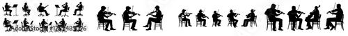 Man playing a guitar and violin. Musician playing musical instruments silhouette, black filled, modern illustration icon